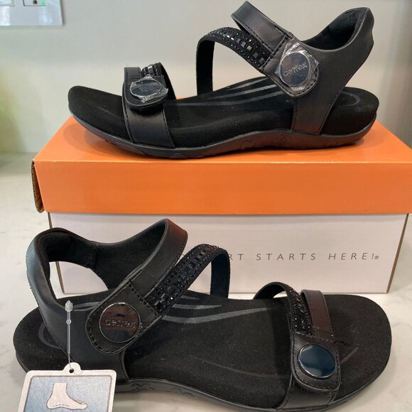 NEW AETREX women's jess adjustable quarter strap sandal in black sparkle - Picture 1 of 11